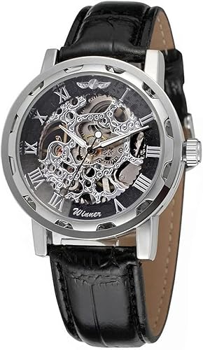 Men's Fashion Mechanical Wristwatch Transparent Dial with Skeleton Design Leather Band Automatic Manual-Winding Watch