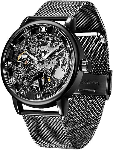 Men's Skeleton Mechanical Roman Numeral Mesh Strap Watch, Hand Winding Mechanical Mesh Luminous Waterproof Watch for Men