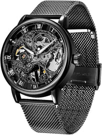 Men's Skeleton Mechanical Roman Numeral Mesh Strap Watch, Hand Winding Mechanical Mesh Luminous Waterproof Watch for Men