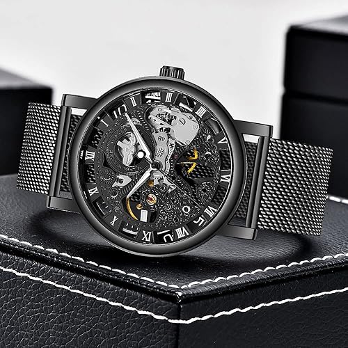 Men's Skeleton Mechanical Roman Numeral Mesh Strap Watch, Hand Winding Mechanical Mesh Luminous Waterproof Watch for Men