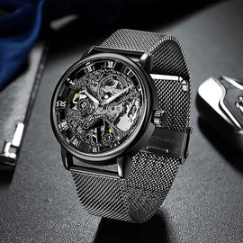 Men's Skeleton Mechanical Roman Numeral Mesh Strap Watch, Hand Winding Mechanical Mesh Luminous Waterproof Watch for Men