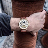 Mens Luxury Skeleton Automatic Mechanical Wrist Watches Leather Moon Phrase Luminous Hands Self-Wind Watch