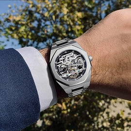 Vintage Watch for Men Engraved Automatic Self-Wind Mechanical Big Dial Luminous Moon Phase Golden Hollow Tattoo Pattern Wrist Watches, Mechanical