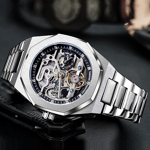 Vintage Watch for Men Engraved Automatic Self-Wind Mechanical Big Dial Luminous Moon Phase Golden Hollow Tattoo Pattern Wrist Watches, Mechanical