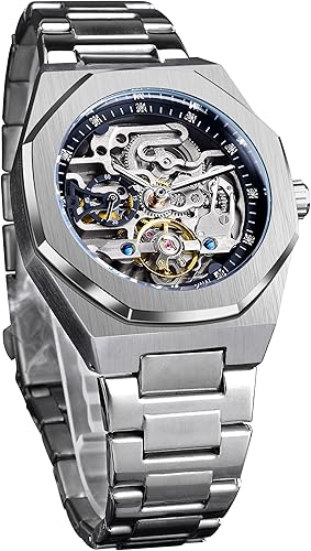 Vintage Watch for Men Engraved Automatic Self-Wind Mechanical Big Dial Luminous Moon Phase Golden Hollow Tattoo Pattern Wrist Watches, Mechanical