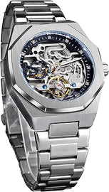 Vintage Watch for Men Engraved Automatic Self-Wind Mechanical Big Dial Luminous Moon Phase Golden Hollow Tattoo Pattern Wrist Watches, Mechanical